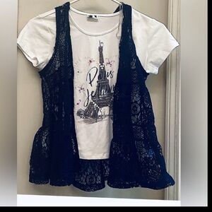 Girls Like New Self Esteem Floral Paris Top W/Removable Black Ruffle Lace Vest.